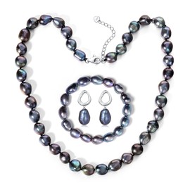 BAMIKI 8.5-9MM Cultured Baroque Black Pearl Necklace Set Jewelry Gifts