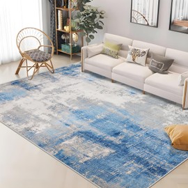 Washable Rug 6x9 Area Rugs: Abstract Rugs for Living Room Soft Non-Slip Machine Washable Area Rug Foldable Non Shedding Indoor Low Pile Carpet for Bedroom Dining Room Nursery Office-Blue Rug 6x9