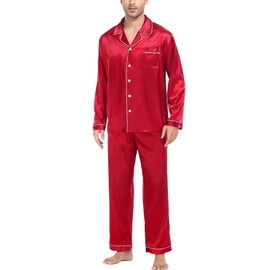 SWOMOG Men's Pajama Set Silk Satin Pajamas Classic Button-Down Sleepwear Soft Long Sleeve Loungewear Set Red