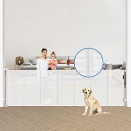 Borthmiu Reinforced 120 Inch Extra Wide Retractable Baby Gates with Reinforced Rods, Retractable Dog Gate Prevent Bottom Crawling Through, Mesh Pet Gate for Large Openings, White