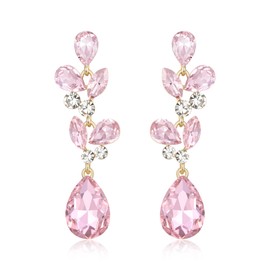 EVER FAITH Rhinestone Crystal Wedding Jewelry for Bride Bridesmaid, Elegant Leaf Teardrop Bridal Prom Dangle Earrings for Women Pink Gold-Tone