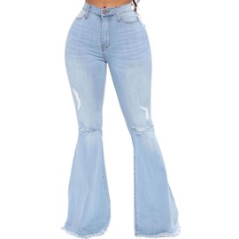 CutieLove Women's Ripped Jeans Bell Bottom Flare Jeans Mid Rise Destroyed Hem Denim Pants A-Light Blue