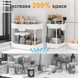 Sevenblue 2 Pack Under Sink Organizer, Under Bathroom Cabinet Organizer with Hooks Hanging Cup, Multi-Purpose Storage Shelf for Kitchen Bathroom (White, L)