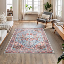 Bloom Rugs Washable Non-Slip 4' x 6' Rug - Coral/Sky Blue Traditional Medallion Area Rug for Living Room, Bedroom, Dining Room, and Kitchen - Exact Size: 4' x 6'