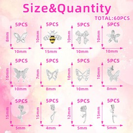 60 Pcs Bee Nail Silver Charms, 12 Styles Butterfly Flowers Nail Charm and Gems 3D Bee Silver Nails Charms, Honeybee Rose Flower Alloy Charm for Acrylic Nails Y2K DIY Accessories