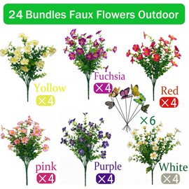 Aoztio 24 Bundles Artificial Flowers for Outdoors, UV Resistant Fake Plants, Realistic Faux Silk Flowers for Porch Decorations Outdoor Hanging Planters, Multi Color
