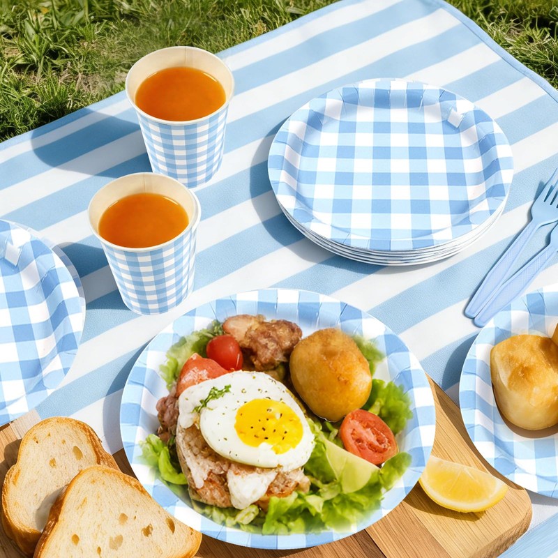 150PCS Blue Gingham Disposable Party Tableware Set for 30 Guests