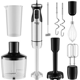 Immersion Hand Blender Full Kitchen Set - 8 Speed Immersion Blender, Hand Mixer with 7 Attachments: Stainless Steel Blade, Whisk, Milk Frother, Beater, Mixing Hooks, Potato Masher, Chopper Bowl