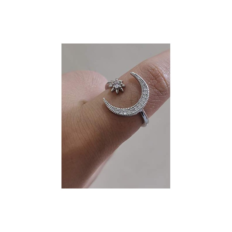 Cutedoumiao Silver Opening Ring Crescent Shape Rhinestone Finger Band Half