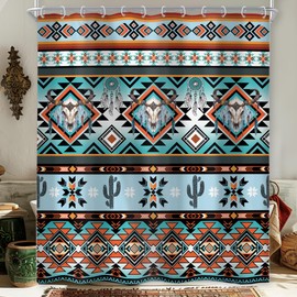 Newsely Western Aztec Shower Curtain 60"W x 72"L Inch Boho Abstract Geometric Vintage Tribal Cow Man Shower Curtain Bathroom Set Ethnic Navajo Native Waterproof Bath Decoration Accessories Home Decor