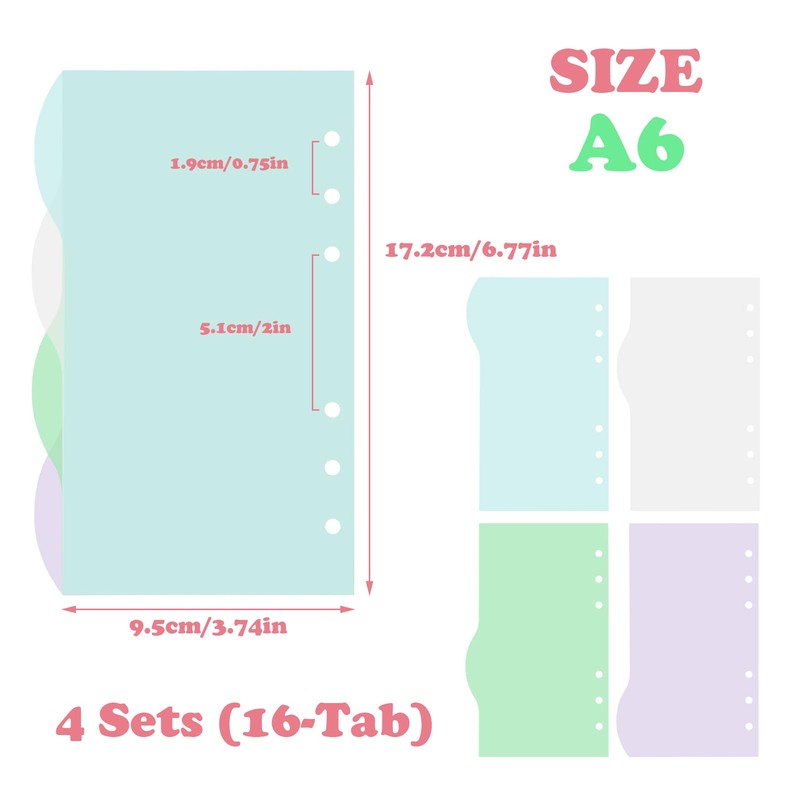 DY.2ten 16 Sheets/4 Sets Folder Dividers A6 6 Holes Plastic