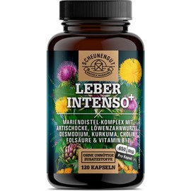 LEBER INTENSO®+ Leber Kapseln Hochdosiert - WICHTIG: Laborgeprüft mit Cholin, Mariendistel, Artischocke, Löwenzahn, Desmodium PLUS 80% Silymarin und 5% Cynarin -DE- SCHEUNENGUT