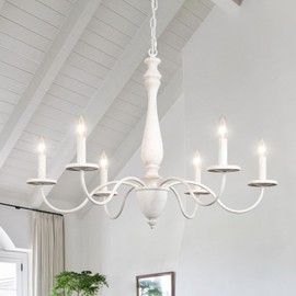 6-Light Chandelier Farmhouse Chandeliers for Dining Room Lighting Fixture, French Country White Chandelier Brown White Wood Chandeliers for Living Room Bedrooms Dining Room Foyer