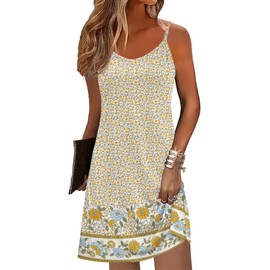 Zeagoo Sleeveless Dress for Women V Neck Boho Mini Dress Flowy Aline Tiered Floral Dresses with Pocket Spaghetti Strap Dresses Petite Dress