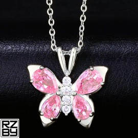 Cubic Zirconia Butterfly Necklace in Waterproof Titanium, Razzberry Jewellery for Women & Girls, 45cm, included Gift Pouch (Silver/Pink)