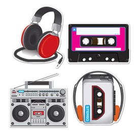 Beistle 4 Piece Paper I Love The 80’s Cassette Player Cut Outs Retro 1980’s Party Supplies Music Theme Wall Decorations, 12" - 14", Multicolored