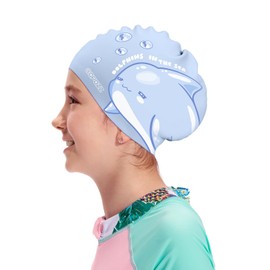 COPOZZ Kids Swim Caps, Silicone Waterproof Comfy Bathing Cap Swimming Hat for Long and Short Hair (Blue Dolphin-5-12yrs)