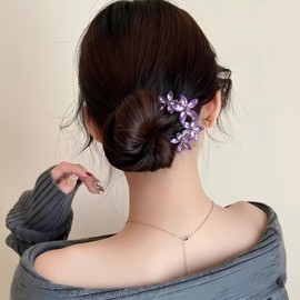 Miaomyao Hair Ornament, Hair Ornament, Kimono, Sleeve Closure, Metal, Antique Purple, Crystal Flower, Cubic Zirconia, U-Shaped Comb, Hair Accessory
