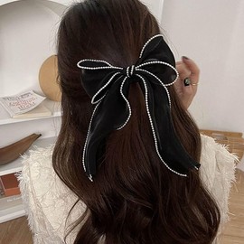 TUCEWP Black Hair Bow for Women Girls Long Ribbon Bowknot Spring Hair Clips for Thick Curly Hair French Big Organza Bow Ponytail Holder Nonslip Pearl Hair Barrette Snap Hairpins Sweet Hair Accessories