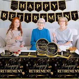 142Pcs Retirement Tableware Party Decorations Happy Retirement Party Supplies Black Gold Plastic Disposable Banner,Cup,Tablecloth,Plates and Napkins Sets