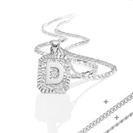 Initial Necklaces for Women and Men, White Gold Plated Letter A-Z Pendant With Stainless Steel Figaro/Rope/Cuban Chain, Cross Letter Necklace for Christmas Birthday Religious Gifts (D, Silver)