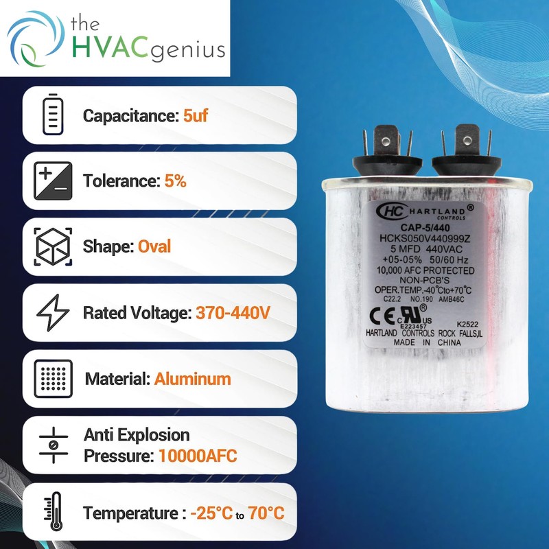 The HVAC Genius 5 MFD AC Capacitor, 5uF ±5% 370VAC/440