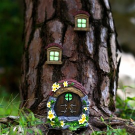 atibi Fairy Garden Decor Fairy Door and Windows for Trees, Glow in The Dark Mushroom Yard Sculpture Lawn Ornament Mini Garden Art Outdoor Decor Accessories with Lantern (A)