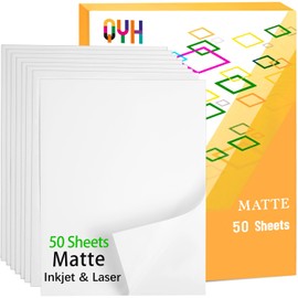 QYH Printable Vinyl Sticker Paper for Inkjet & Laser Printer - Matte White Waterproof, Compatible with Cricut, Silhouette, 50 Sheets, Ideal for Small Business & DIY Crafters (Labels/Decor) - 8.5"x11"