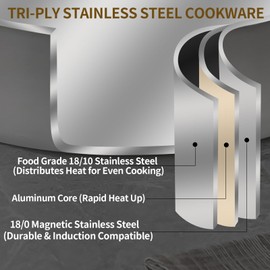 DELARLO Tri-Ply Stainless Steel 6 Quart Braiser Pan with Lid Induction Rondeau Pot With Lid 12inch Deep Frying Pan Large Saute Pan Heavy Duty Style Compatible With All Cooktops Up to 650℉