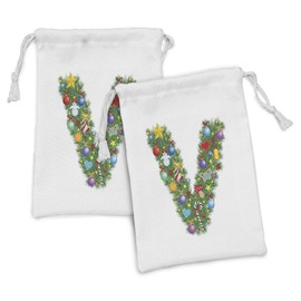 Ambesonne Letter V Fabric Pouch Set of 2, Ornament Christmas Tree Design Capitalized V Elements Bells Candies Print, Small Drawstring Bag for Toiletries Masks and Favors, 9" x 6", Multicolor
