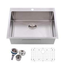 Friho 25x22 Drop in Kitchen Sink, Top Mount Commercial Handmade 16 Gauge Single Bowl Stainless Steel Sink with Dish Grid and Basket Strainer.