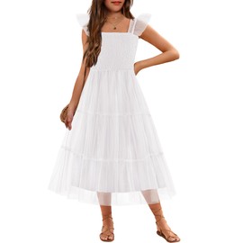 Arshiner Girls Summer White Dress Casual Sleeveless Smocked Ruffle Tulle Wedding Guest Flower Girl Dresses Size 14-16