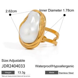Ellen Ring 14K Gold Plated Elegant Irregular Baroque Chunky Pearl Ring - Bougie Old Money Influencer Collection - Adjustable Size for Women Her Statement Jewelry