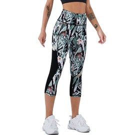 AGSWQ Women's Capri Yoga Pants with Pockets Essential High Waisted Legging for Workout Capri Floral & Black L