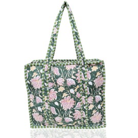 Third Eye Export Hand Block Printed Cotton Quilted Tote Bag For Women – Work Laptop Travel Beach Bag, Oversized Beach Essentials Handbags For Women 18x16 (Bottle Green White Floral Print)