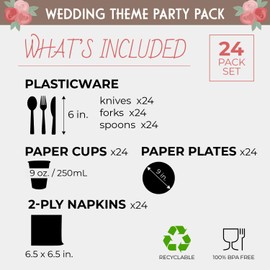 Wedding Decorations for Reception, Paper Plates, Napkins, Cups and Cutlery (Serves 24, 144 Pieces)
