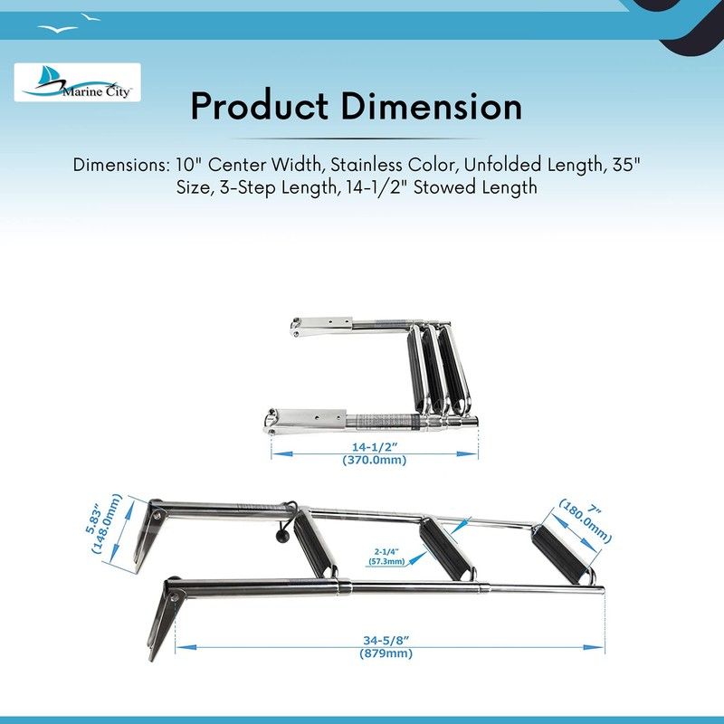 MARINE CITY Stainless Steel 3-Step Telescoping Swim Ladder with Slide