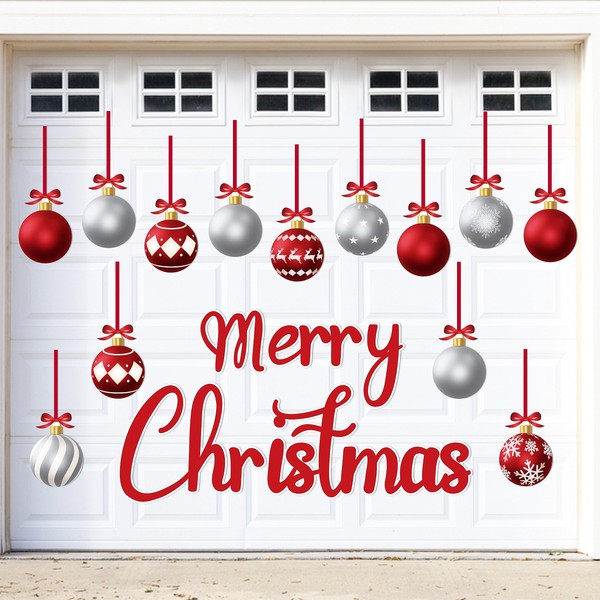31PCS Christmas Garage Door Decorations Magnets - Merry Xmas Ball Holiday Refrigerator Fridge Kitchen Decor(Red, Silver)