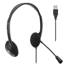 MANHATTAN USB Headset with Mic & Long 5 ft Cable - Dual-Sided Padded On-Ear, Adjustable Headband - for Desktop, Laptop, Computer – 3 Yr Mfg Warranty - 179461