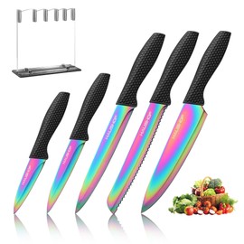 HAUSHOF Kitchen Knife Set, 5 PCS Rainbow Knife Sets with Arcylic Block, Titanium Coated black Knives Set for Kitchen, Stainless Steel Knife Set with Ergonomic Handle, Great for Slicing, Dicing&Cutting