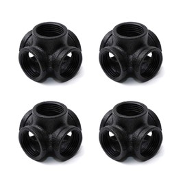 3/4" Black 5-Way Side Outlet Tee, Home TZH 4-Pack 5-Way Corner Black Malleable Cast Iron Pipe Fitting for Industrial Pipe, Furniture and DIY Decoration (4, Black 3/4 Inch)