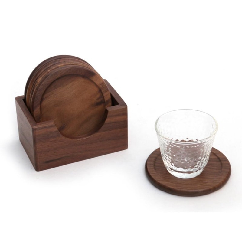 Qarmijaer 6Pcs Walnut Wood Coasters Placemats Decor Round Heat Resistant