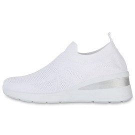 VAN HILL Women's Wedges Wedge Heel Rhinestone Knitted Trainers, White Trendy, 39 EU