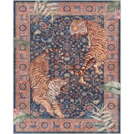 Well Woven Apollo Botanical Tiger Navy Washable Rug – Dining Room & Bedroom, 7'10" x 9'10", Durable