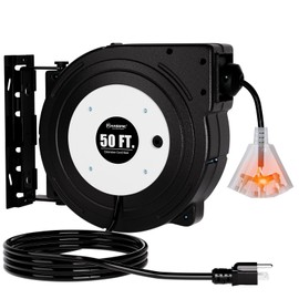 K KASONIC - 50 FT Retractable Extension Cord Reel, UL Listed, 14AWG/3C SJTOW Heavy Duty Power Cord, 3 Grounded Outlets Lighted Triple Tap, 13 Amp Circuit Breaker, Wall or Ceiling Mountable, Black