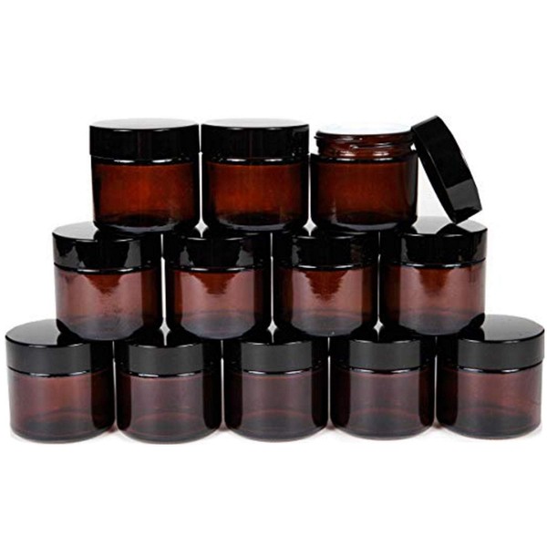 2oz 50ML Amber Round Glass Jars Bottle With Black Lids And Inner Liners Pot Container For Makeup Cosmetic Face Eyes Cream Lotion(2PCS)