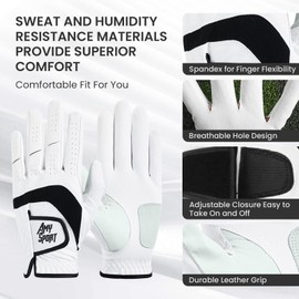 Amy Sport Golf Gloves Men Right Handed Golfer Left Hand Leather 1 Pack, Mens Golf Glove Breathable Weathersof Grip Soft Comfortable, Fit Size S M ML L XL (White, M/Large, Worn on Left Hand)