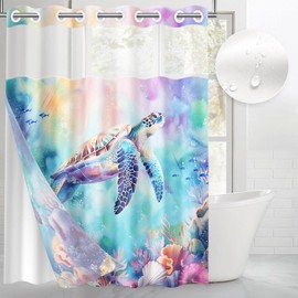 Britown No Hook Sea Turtle Fish Green Shower Curtain with Snap-in Liner, Blue Cute Ocean Double Layers Waterproof Fabric with See Through Top Window Open Grommet Bath Curtain 71x74 Inch