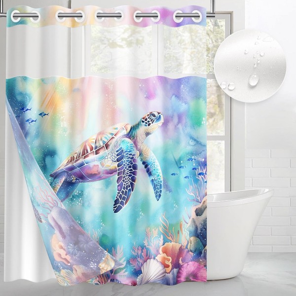 Britown No Hook Sea Turtle Fish Green Shower Curtain with