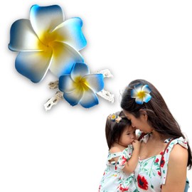 Mommy Baby Matching Handmade Hawaiian Plumeria Flower Headband and Hair Clip for Babies Baby Girls Family Matching 2pc set (Marine Blue)